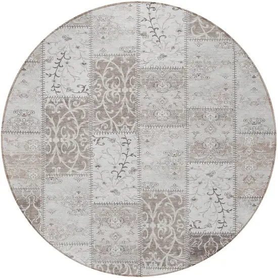 Taupe and Ivory Round Patchwork Washable Non Skid Indoor Outdoor Area Rug Photo 4