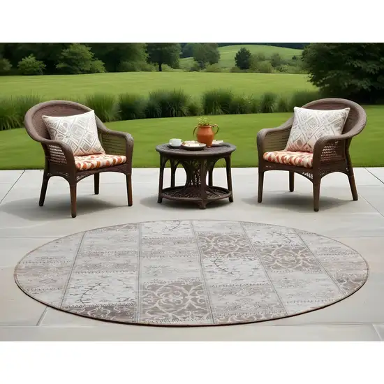 Taupe and Ivory Round Patchwork Washable Non Skid Indoor Outdoor Area Rug Photo 1