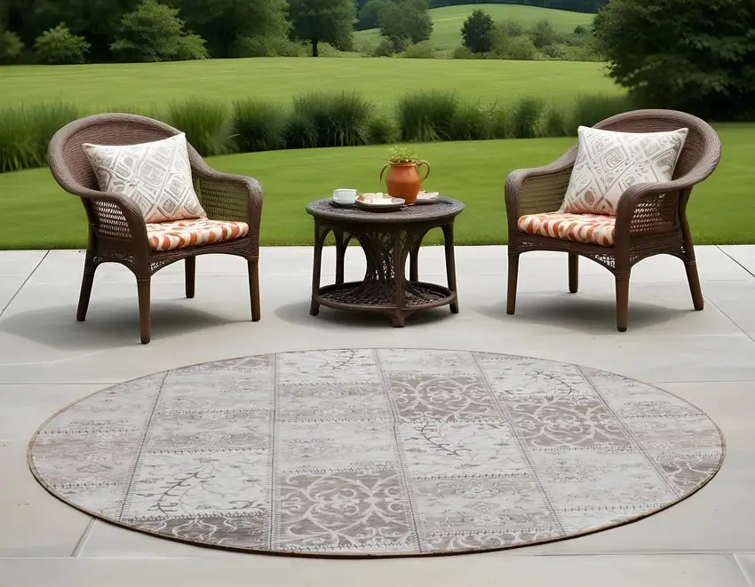 Taupe and Ivory Round Patchwork Washable Non Skid Indoor Outdoor Area Rug Photo 1