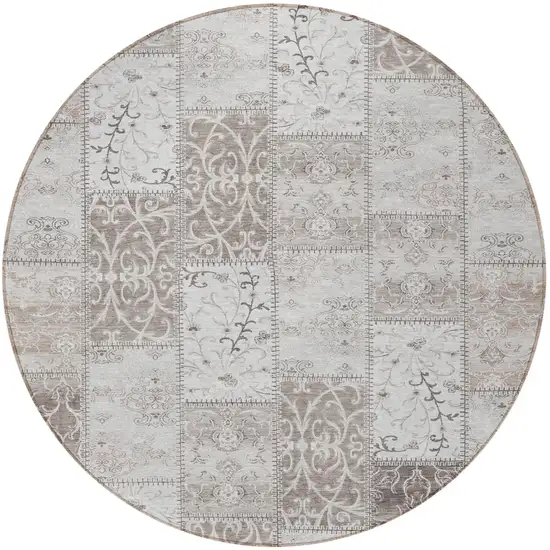 Taupe and Ivory Round Patchwork Washable Non Skid Indoor Outdoor Area Rug Photo 5