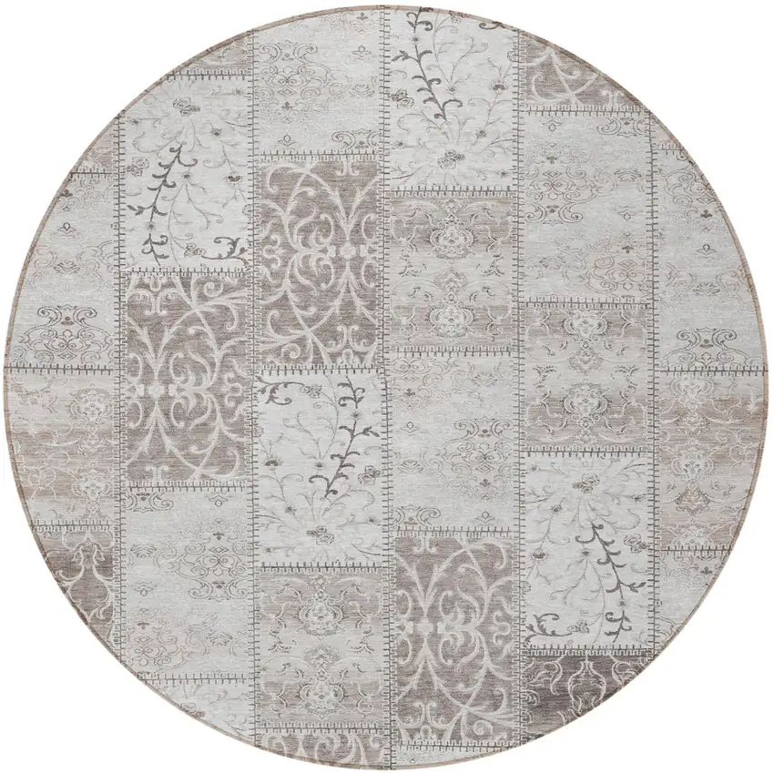 Taupe and Ivory Round Patchwork Washable Non Skid Indoor Outdoor Area Rug Photo 5