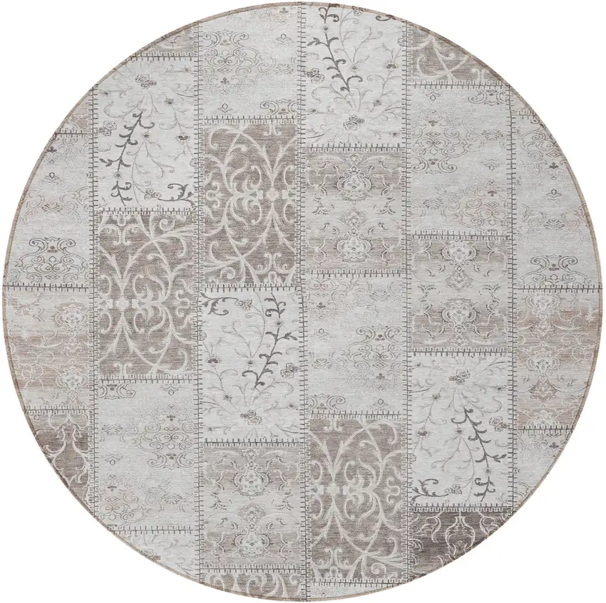 Taupe and Ivory Round Patchwork Washable Non Skid Indoor Outdoor Area Rug Photo 5