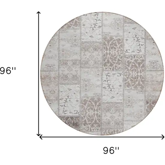 Taupe and Ivory Round Patchwork Washable Non Skid Indoor Outdoor Area Rug Photo 3