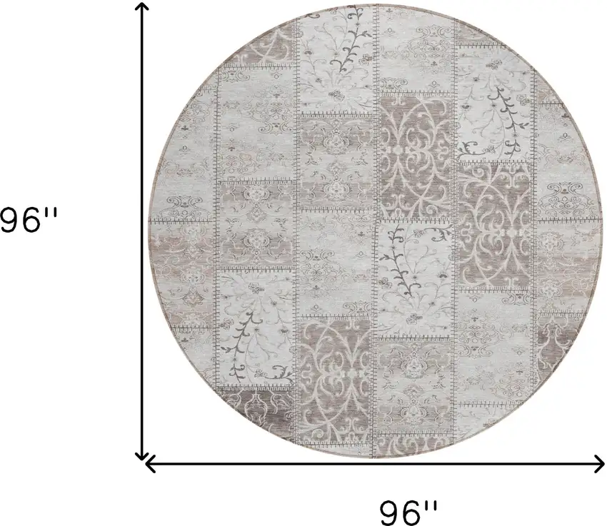 Taupe and Ivory Round Patchwork Washable Non Skid Indoor Outdoor Area Rug Photo 3