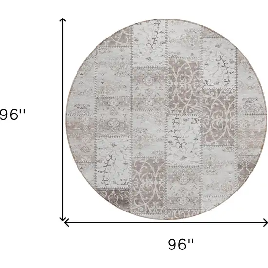 Taupe and Ivory Round Patchwork Washable Non Skid Indoor Outdoor Area Rug Photo 3
