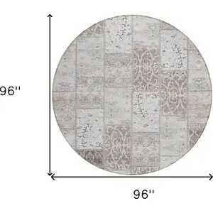 Photo of 8' Round Taupe and Ivory Round Patchwork Washable Non Skid Indoor Outdoor Area Rug