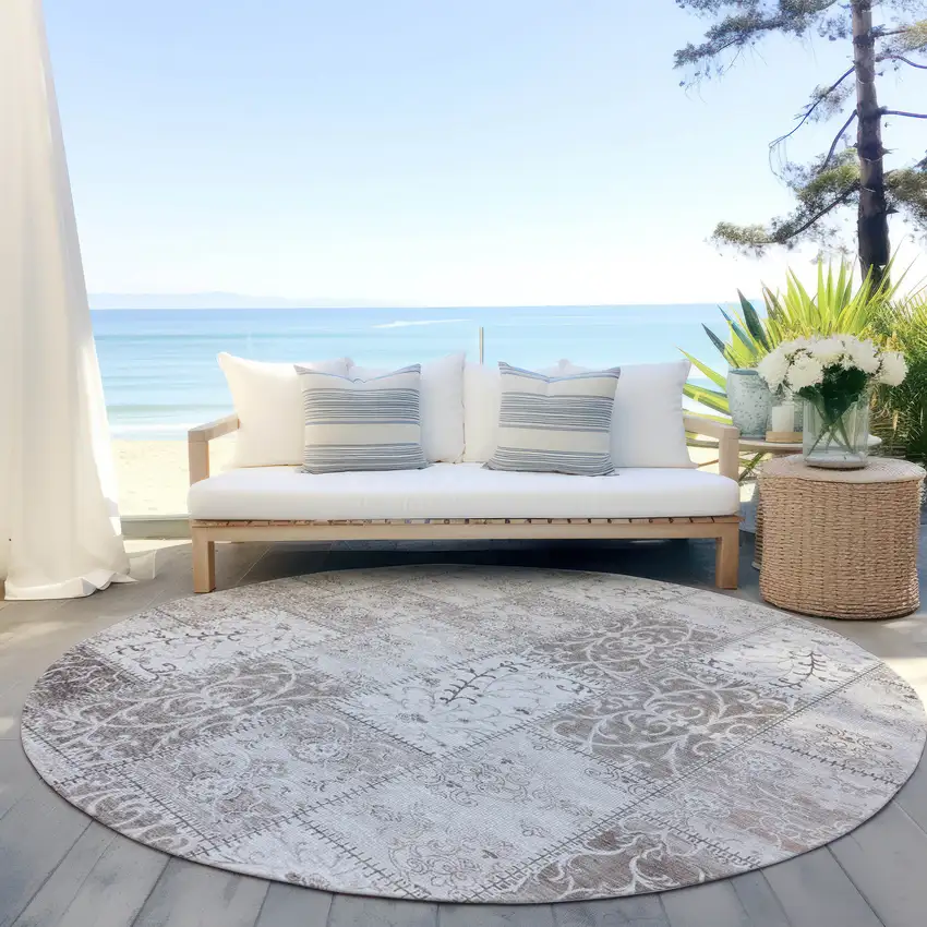 Taupe and Ivory Round Patchwork Washable Non Skid Indoor Outdoor Area Rug Photo 8
