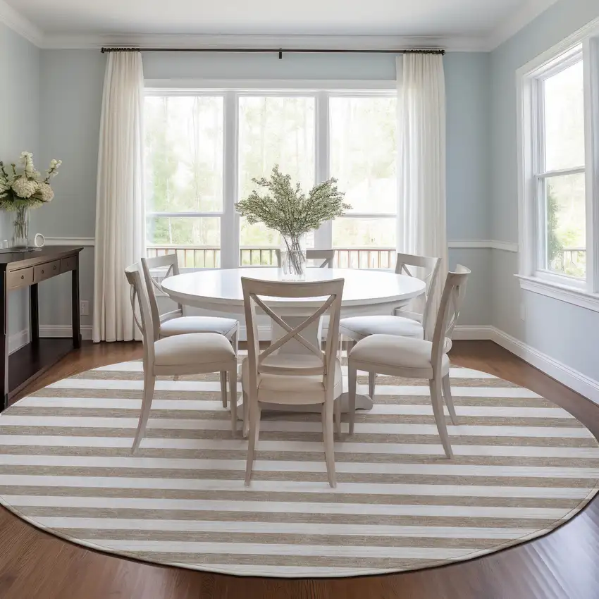 Taupe and White Round Striped Washable Indoor Outdoor Area Rug Photo 6