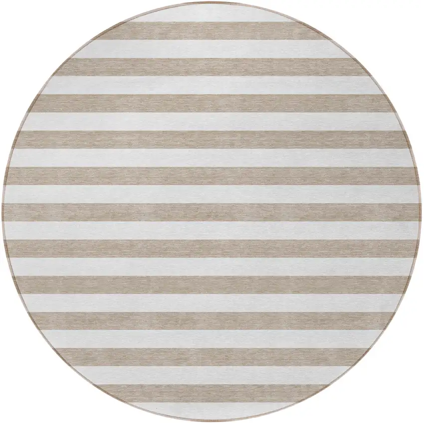 8' Round Taupe and White Round Striped Washable Non Skid Indoor Outdoor Area Rug Photo 3