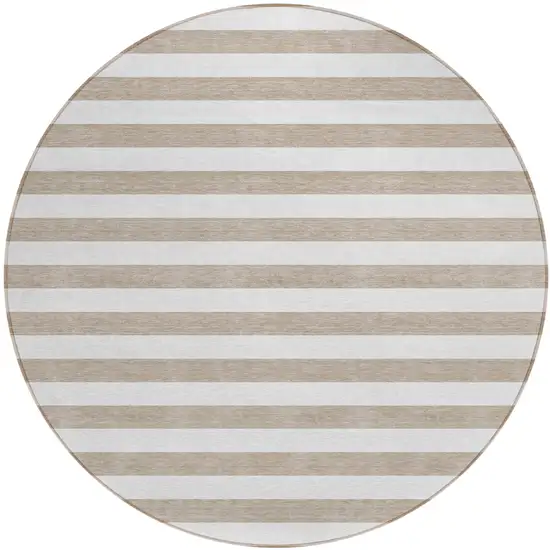 Taupe and White Round Striped Washable Indoor Outdoor Area Rug Photo 2
