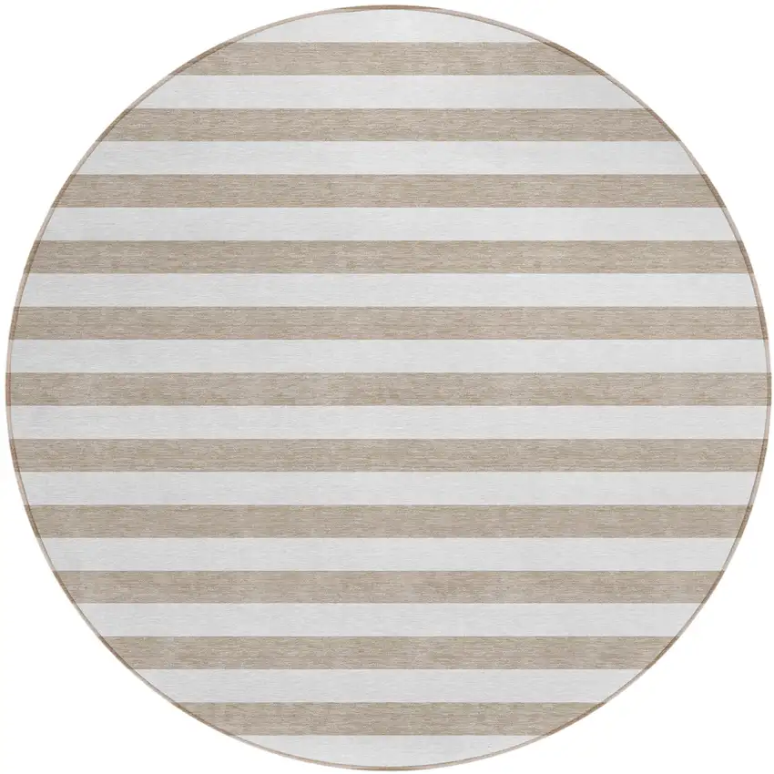Taupe and White Round Striped Washable Indoor Outdoor Area Rug Photo 2