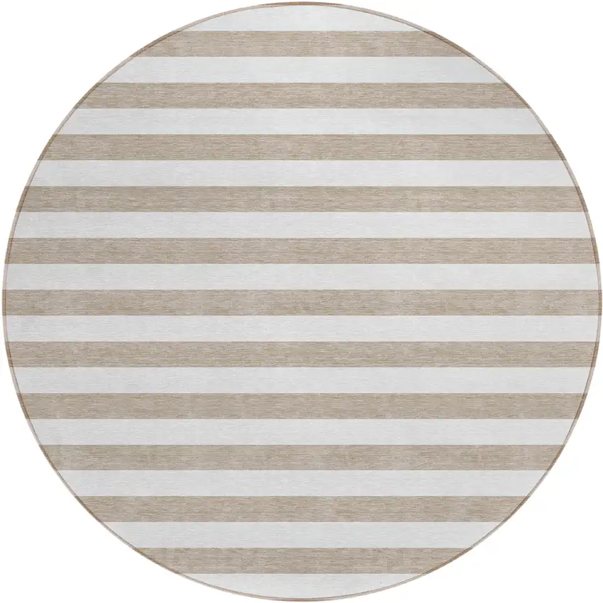 Taupe and White Round Striped Washable Indoor Outdoor Area Rug Photo 2