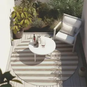 Photo of 8' Round Taupe and White Round Striped Washable Non Skid Indoor Outdoor Area Rug