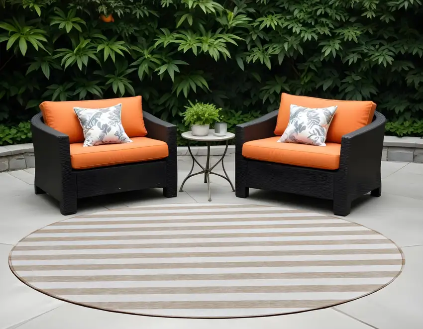 Taupe and White Round Striped Washable Indoor Outdoor Area Rug Photo 1