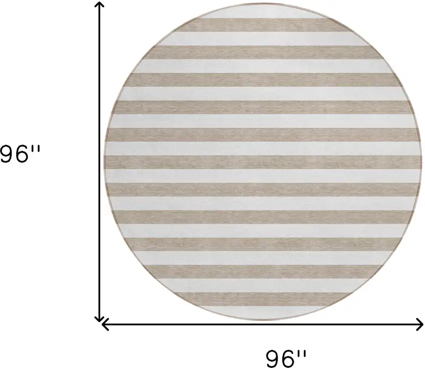 Taupe and White Round Striped Washable Indoor Outdoor Area Rug Photo 3