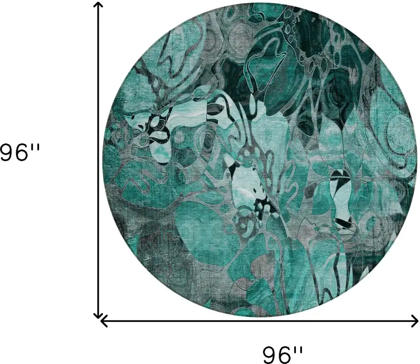 Teal Black and Gray Round Abstract Washable Indoor Outdoor Area Rug Photo 3