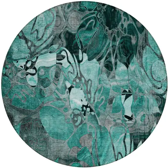 Teal Black and Gray Round Abstract Washable Indoor Outdoor Area Rug Photo 2