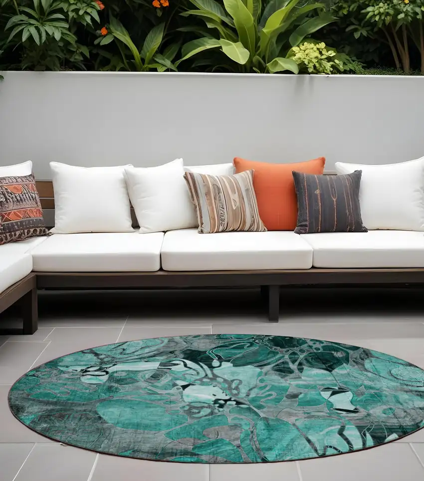 Teal Black and Gray Round Abstract Washable Indoor Outdoor Area Rug Photo 1