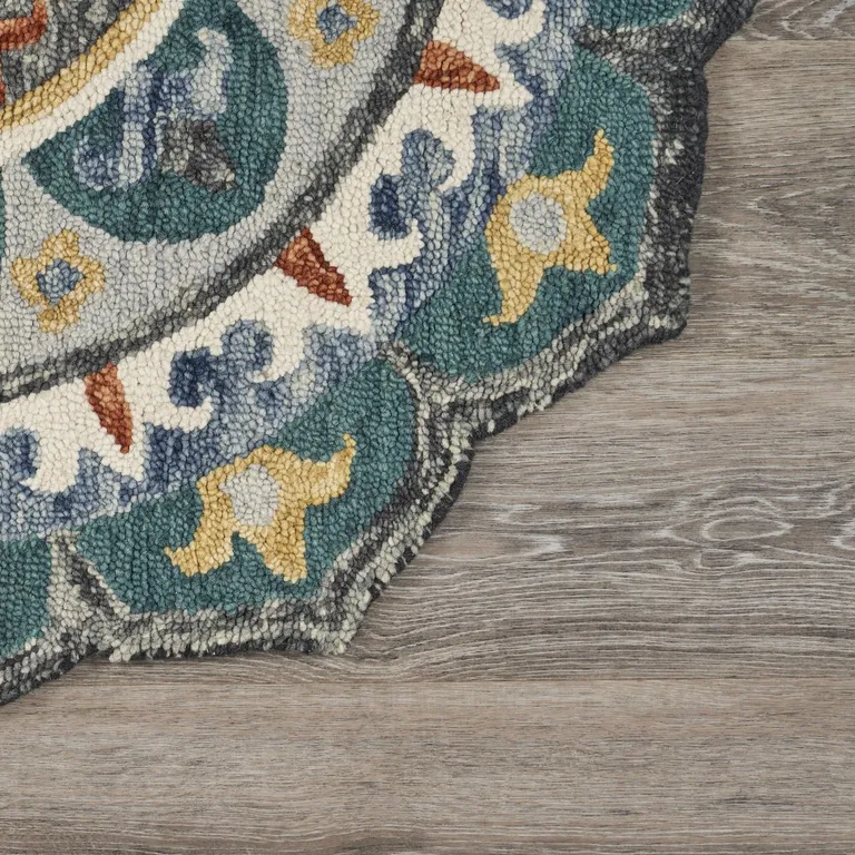 4' Round Teal Decorative Floral Area Rug Photo 5