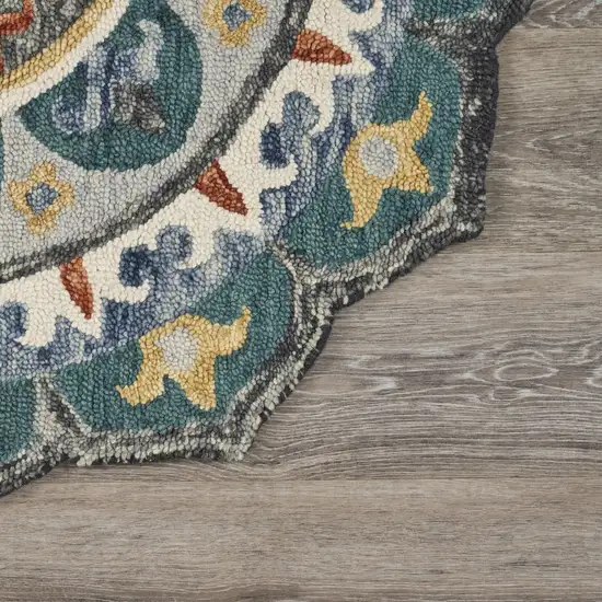 4' Round Teal Decorative Floral Area Rug Photo 5