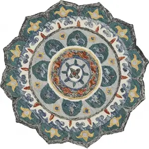 Photo of 4' Round Teal Decorative Floral Area Rug