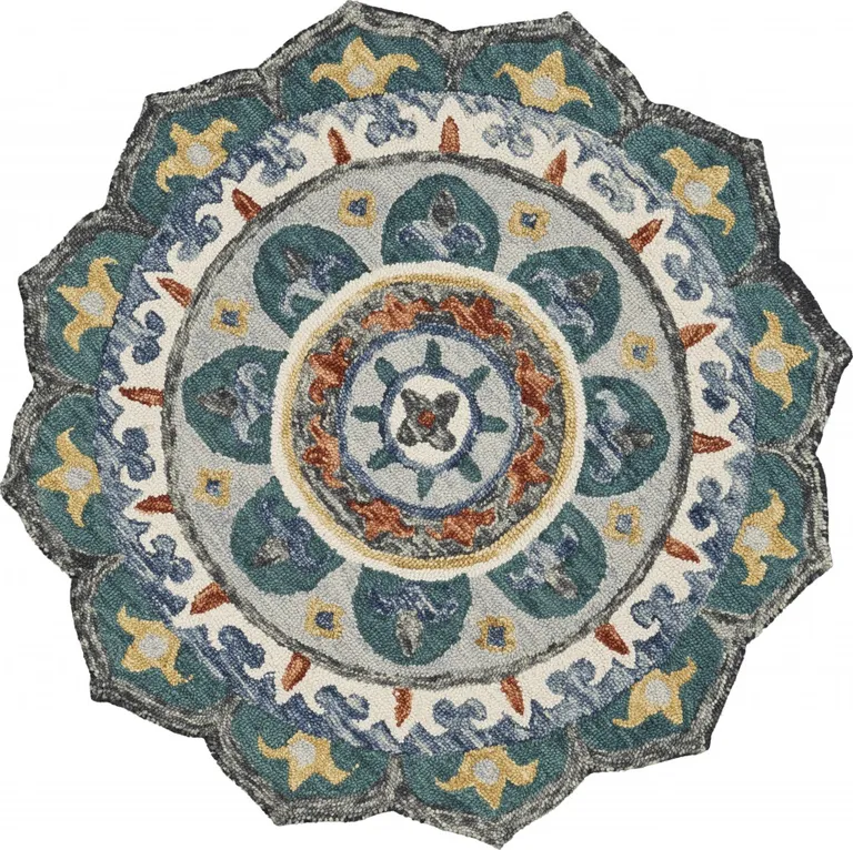 4' Round Teal Decorative Floral Area Rug Photo 1