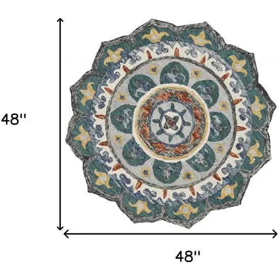 4' Round Teal Decorative Floral Area Rug Photo 8