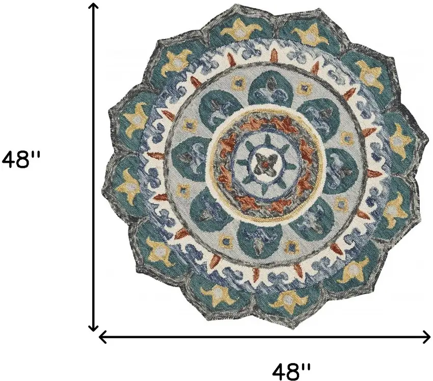 4' Round Teal Decorative Floral Area Rug Photo 8