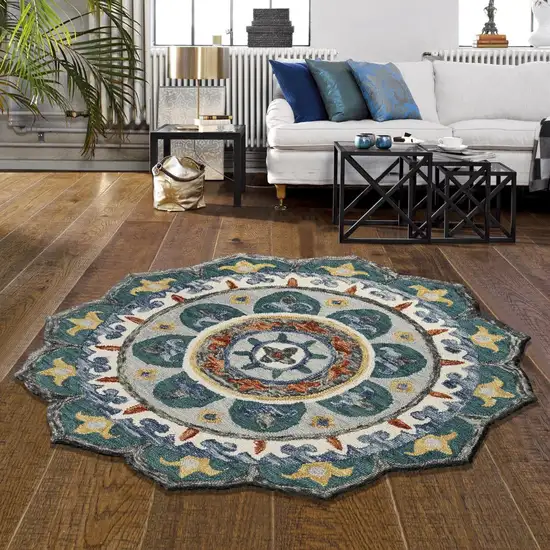 4' Round Teal Decorative Floral Area Rug Photo 7