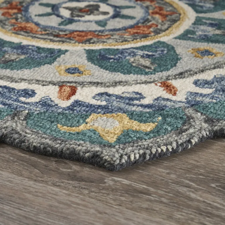 4' Round Teal Decorative Floral Area Rug Photo 3
