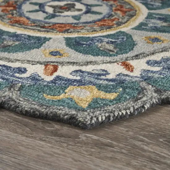 4' Round Teal Decorative Floral Area Rug Photo 3