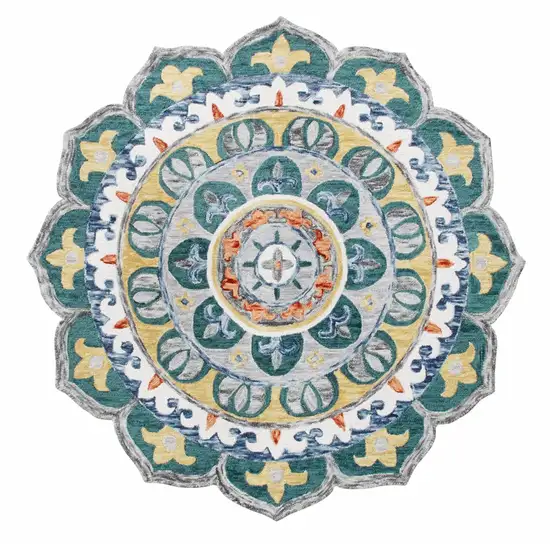 4' Round Teal Floral Mandala Area Rug Photo 1