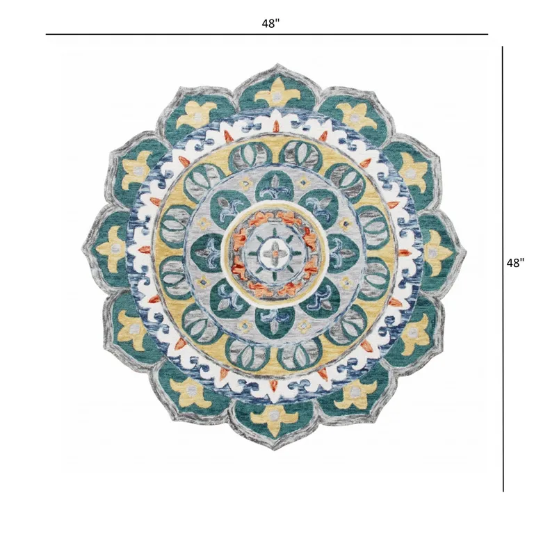 4' Round Teal Floral Mandala Area Rug Photo 4
