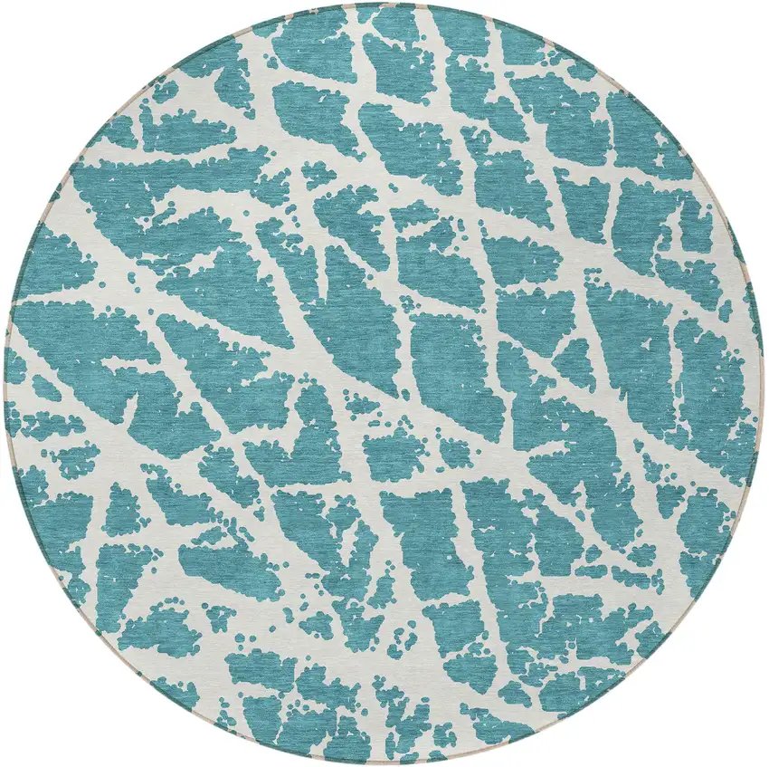 8' Round Teal Round Abstract Washable Non Skid Indoor Outdoor Area Rug Photo 5