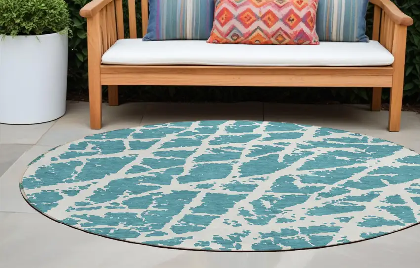 8' Round Teal Round Abstract Washable Non Skid Indoor Outdoor Area Rug Photo 1