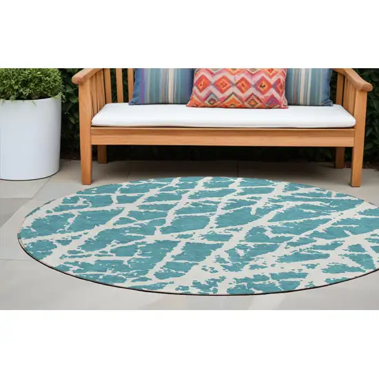 Teal Round Abstract Washable Non Skid Indoor Outdoor Area Rug Photo 2