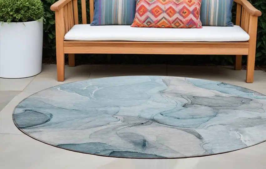 8' Round Teal Round Abstract Washable Non Skid Indoor Outdoor Area Rug Photo 1