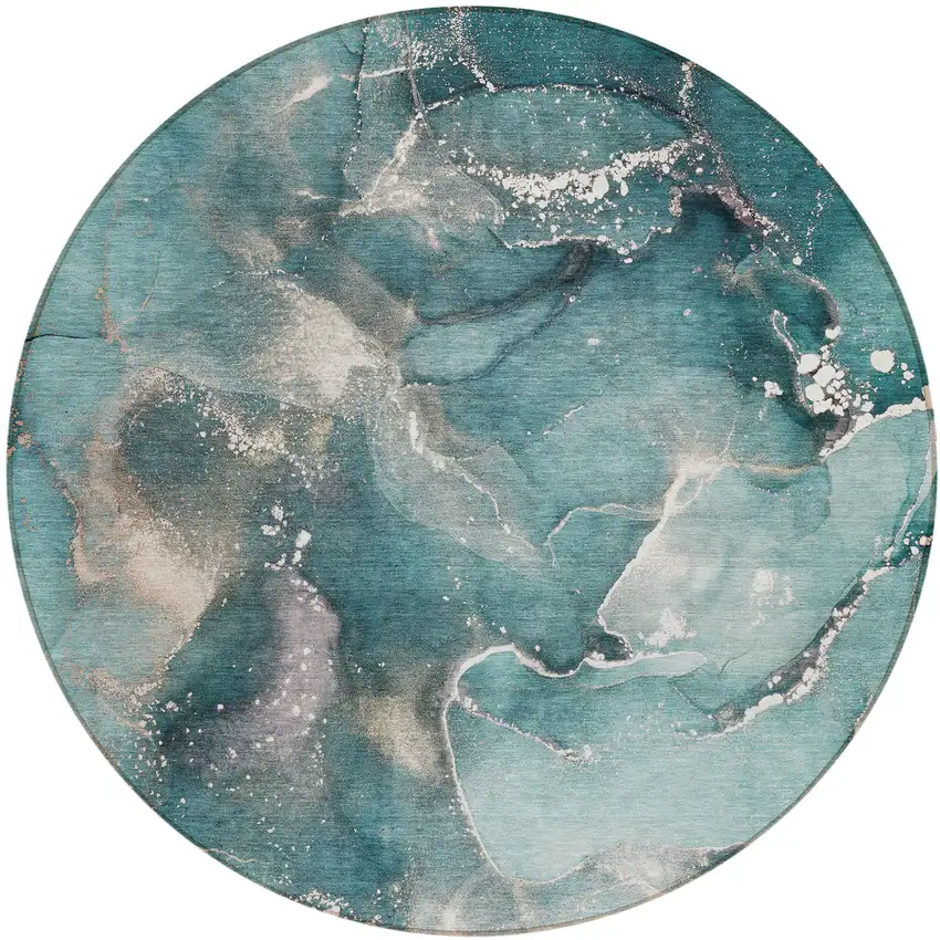 8' Round Teal Round Abstract Washable Non Skid Indoor Outdoor Area Rug Photo 2