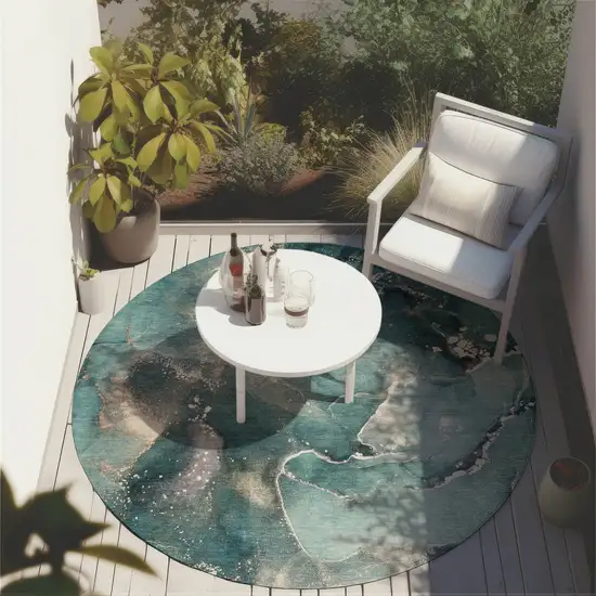 8' Round Teal Round Abstract Washable Non Skid Indoor Outdoor Area Rug Photo 8