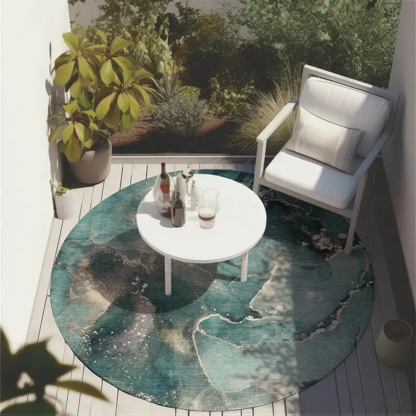 8' Round Teal Round Abstract Washable Non Skid Indoor Outdoor Area Rug Photo 8