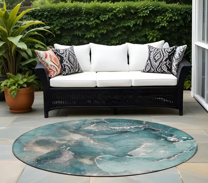 8' Round Teal Round Abstract Washable Non Skid Indoor Outdoor Area Rug Photo 1