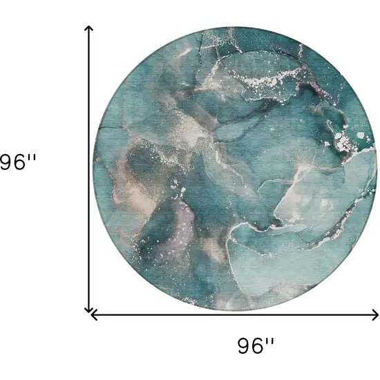 8' Round Teal Round Abstract Washable Non Skid Indoor Outdoor Area Rug Photo 3