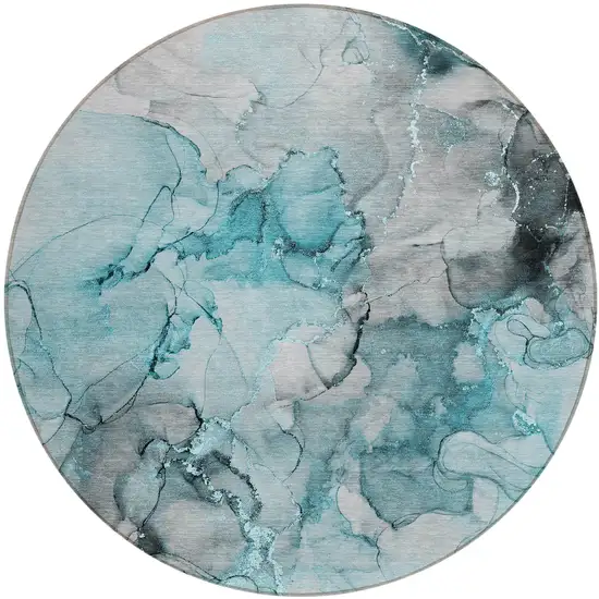 Teal Round Abstract Washable Non Skid Indoor Outdoor Area Rug Photo 2