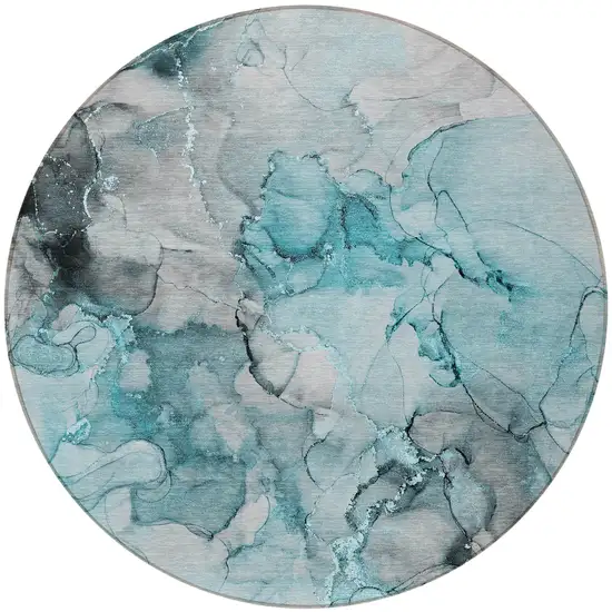 8' Round Teal Round Abstract Washable Non Skid Indoor Outdoor Area Rug Photo 4