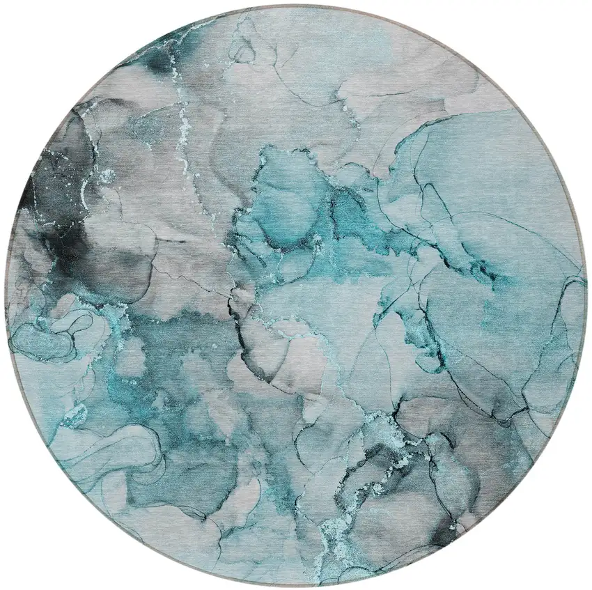 8' Round Teal Round Abstract Washable Non Skid Indoor Outdoor Area Rug Photo 4