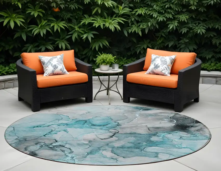 8' Round Teal Round Abstract Washable Non Skid Indoor Outdoor Area Rug Photo 1