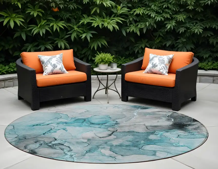 8' Round Teal Round Abstract Washable Non Skid Indoor Outdoor Area Rug Photo 1