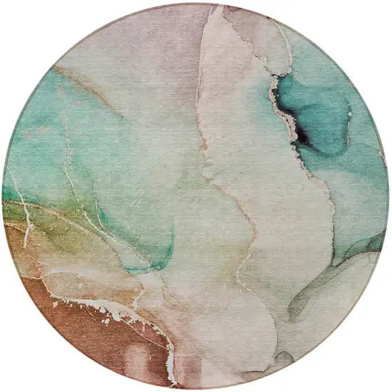 8' Round Teal Round Abstract Washable Non Skid Indoor Outdoor Area Rug Photo 5