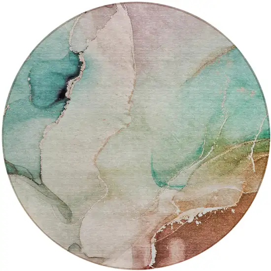 Teal Round Abstract Washable Non Skid Indoor Outdoor Area Rug Photo 2
