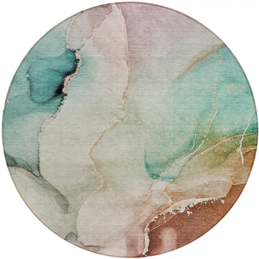 Teal Round Abstract Washable Non Skid Indoor Outdoor Area Rug Photo 2